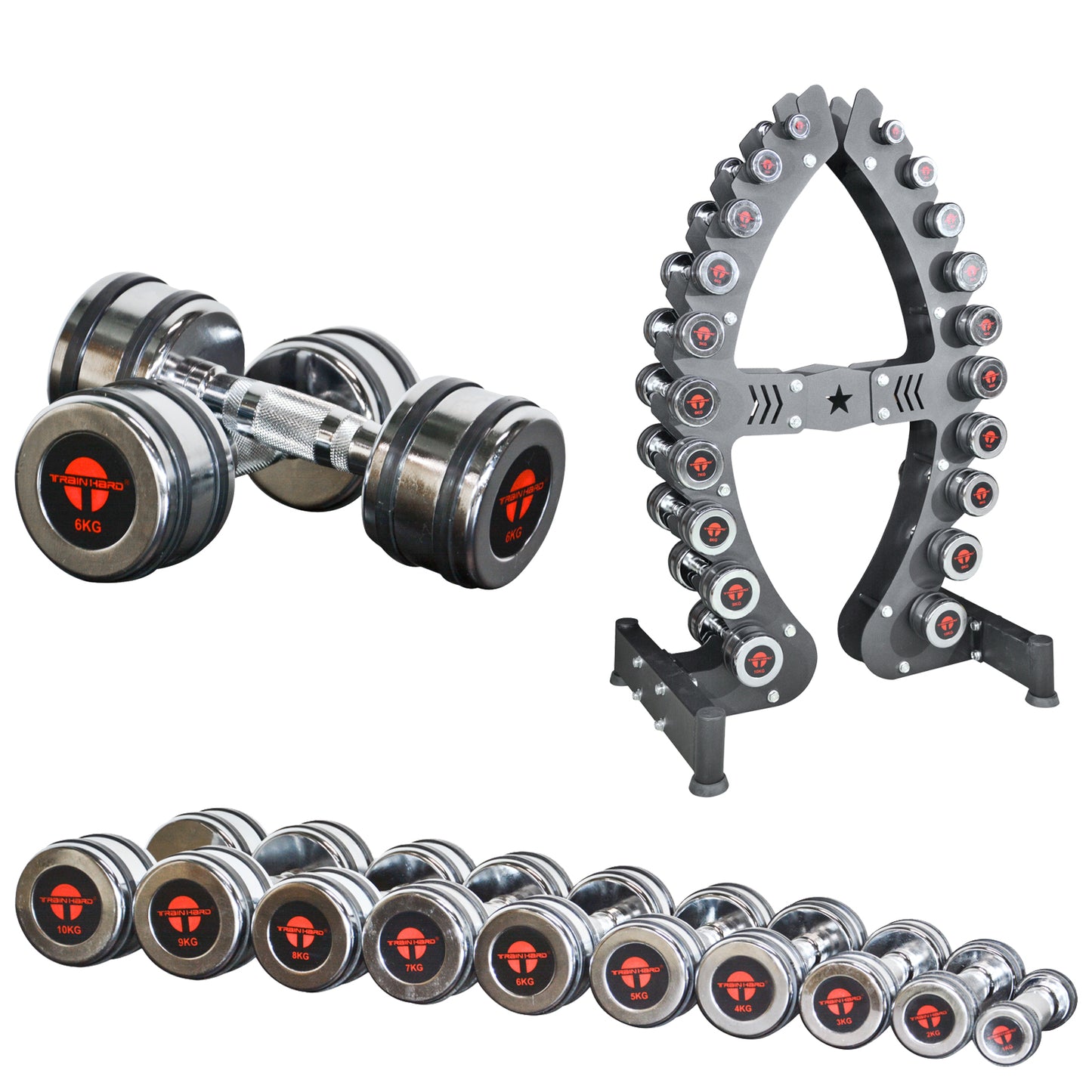 Train Hard® 1F12471P Chromhanteln Beispielbild mit Hantelständer
