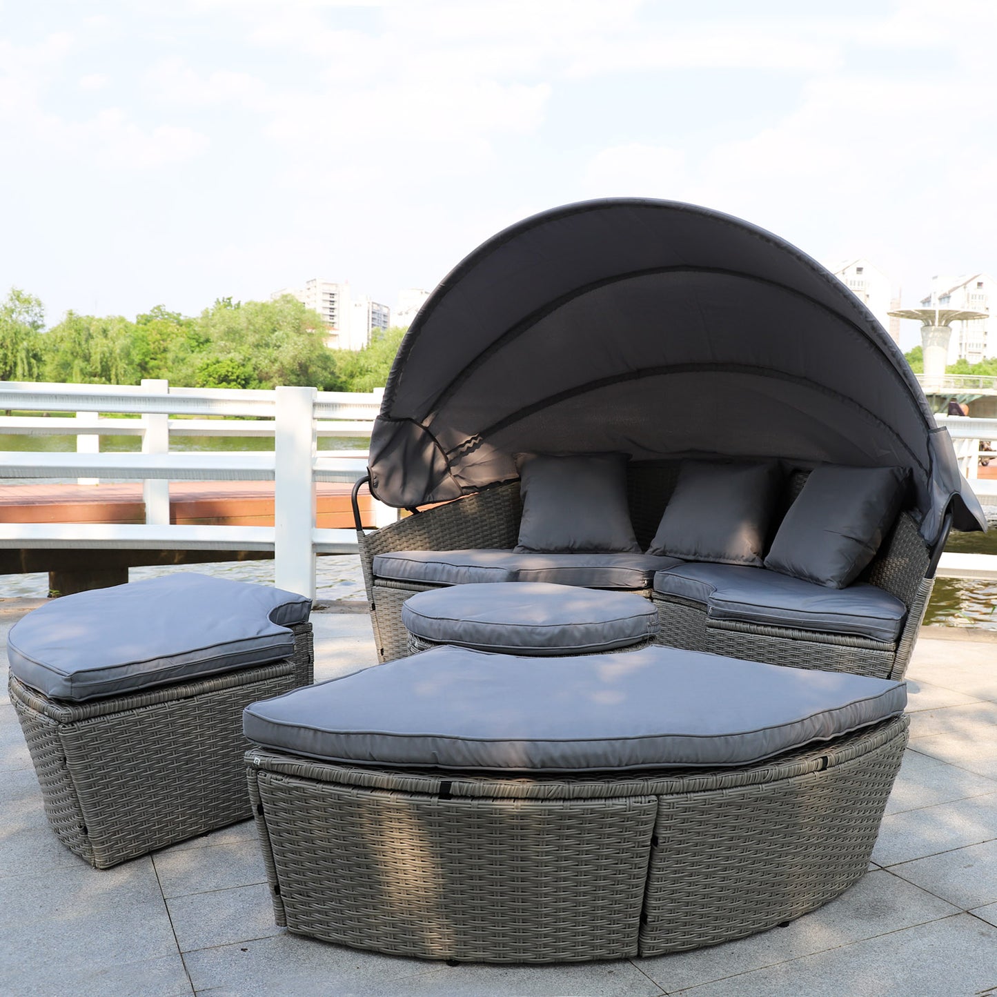 Polyrattan XL Ø 210 cm Sonneninsel mit faltbarem Sonnendach