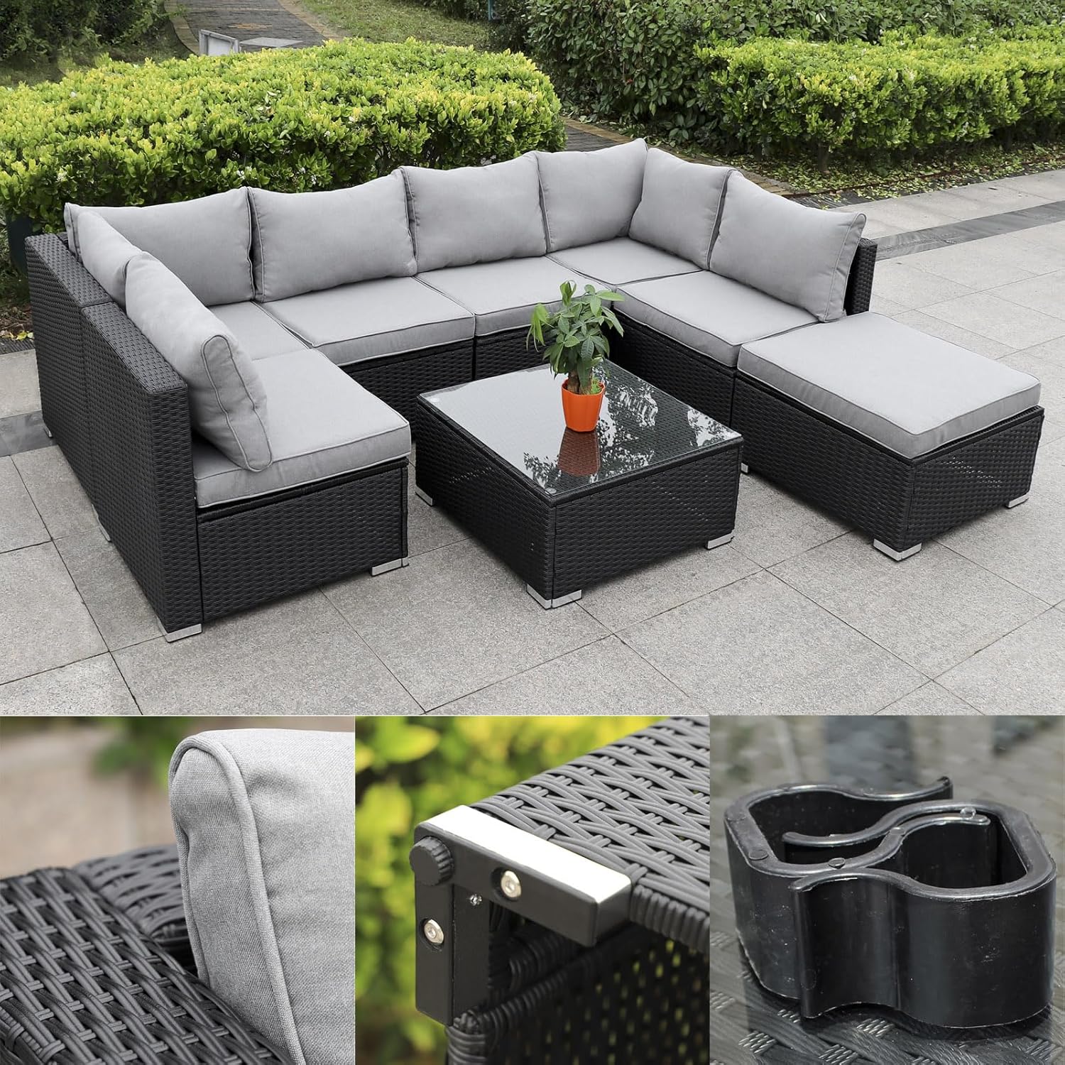 Polyrattan Sitzgruppe Menorca 5 Sitzer + Hocker & Glastisch Schwarz kaufen –