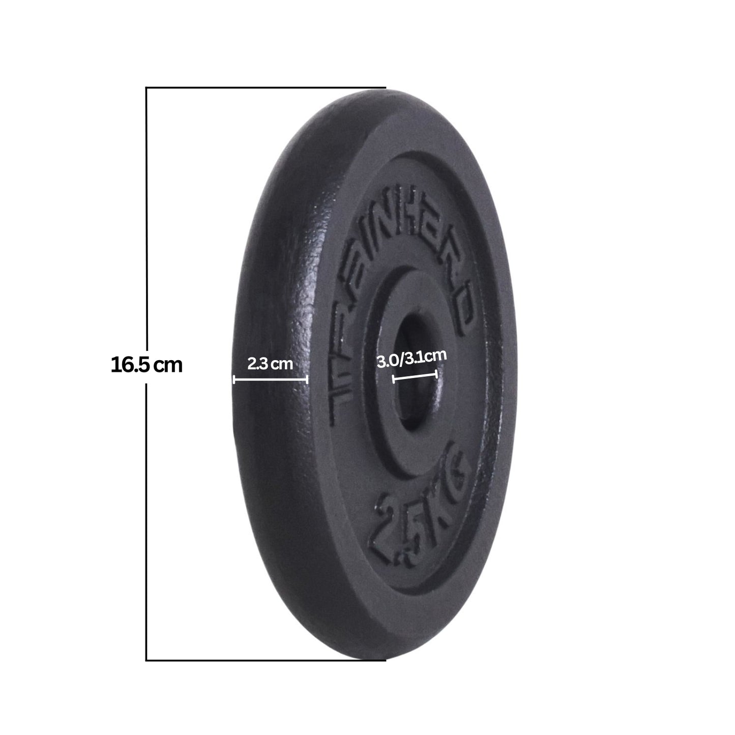 Train Hard® 1F12122P Hantelscheiben Gusseisen Detailansicht mit Maßangabe