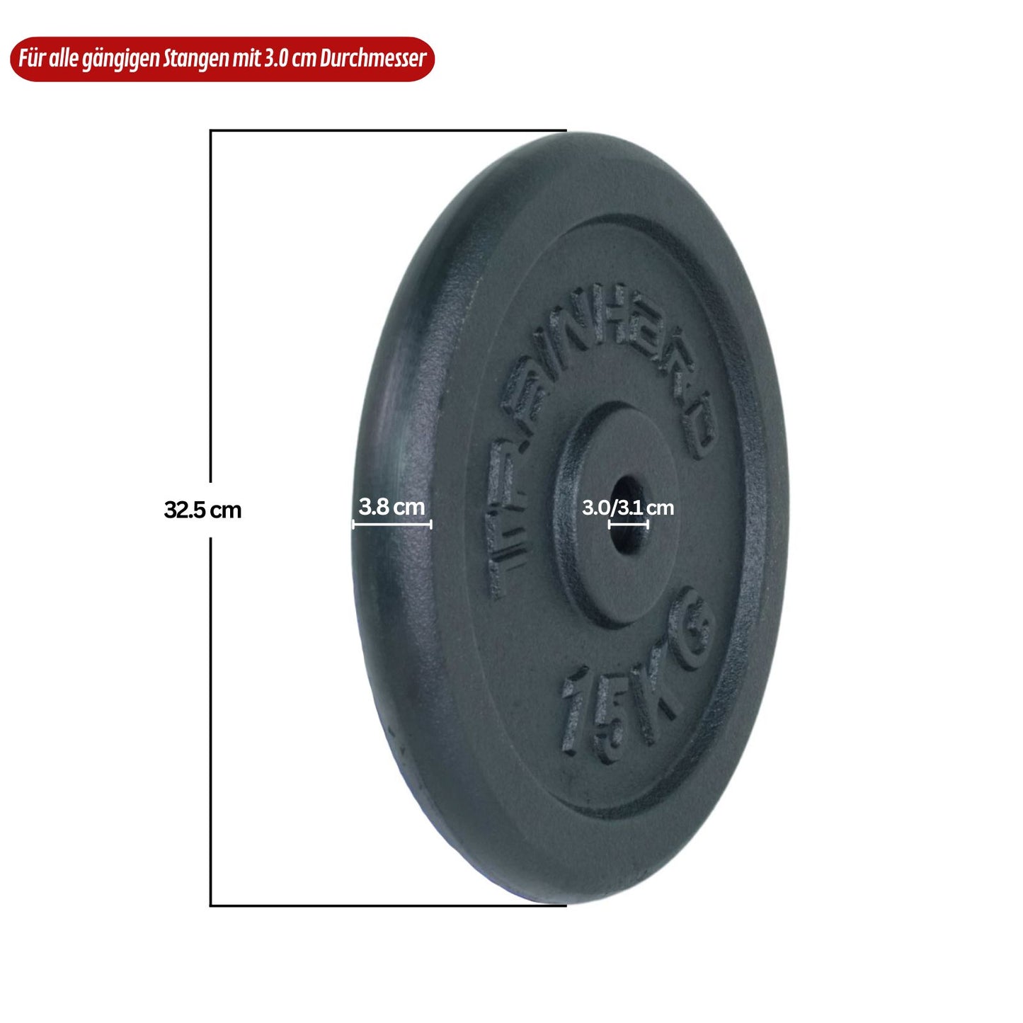 Train Hard® 1F12125P Hantelscheiben Gusseisen Detailansicht mit Maßangabe