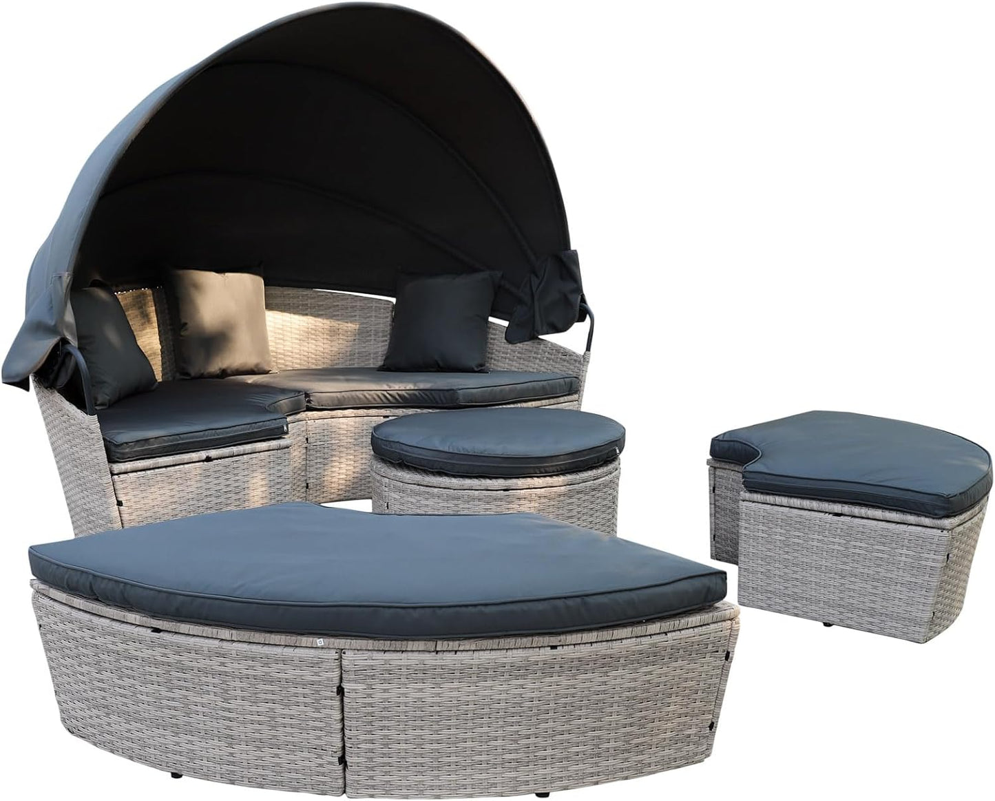 Polyrattan Sonneninsel Ø 180 cm, Farbe Beige/Grau inkl. Regenplane