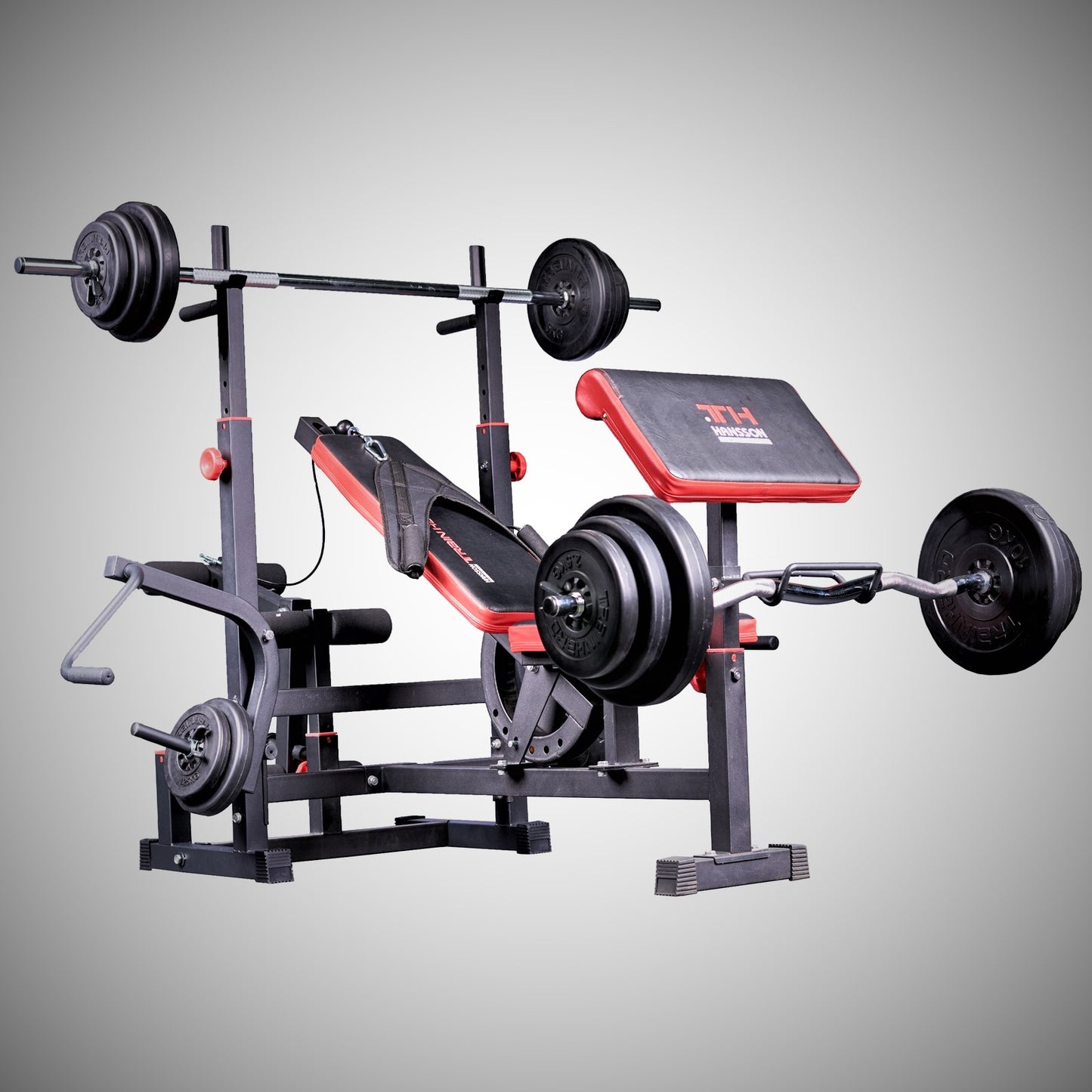 Kraftstation im Set mit Langhantelstange, Curlstange, Gewichten, Train Hard