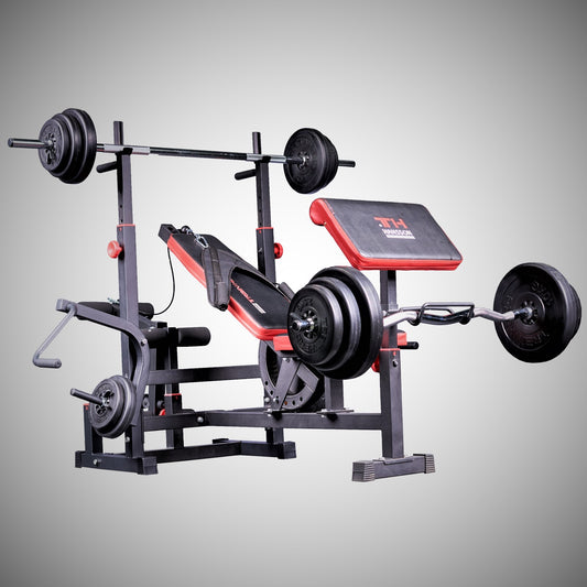 Kraftstation im Set mit Langhantelstange, Curlstange, Gewichten, Train Hard