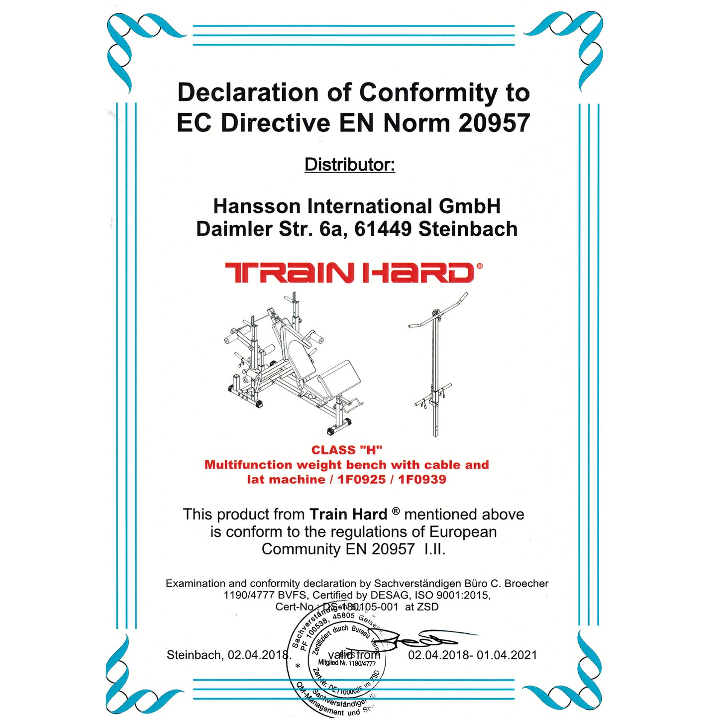 Train Hard® 1F09255 multifunktionelle Hantelbank Set Zertifikat