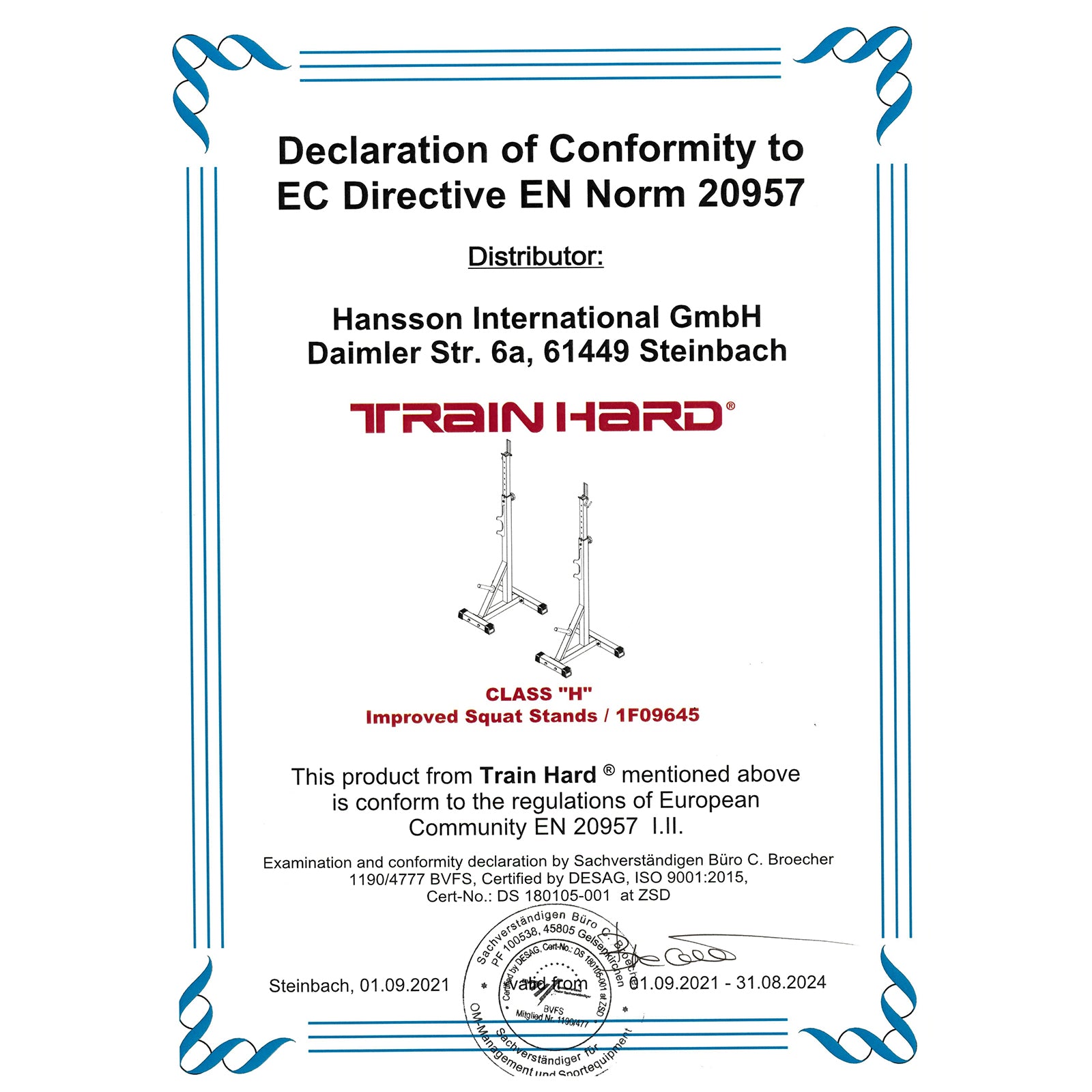 Langhantelablage Train Hard 1F09645 Zertifikat