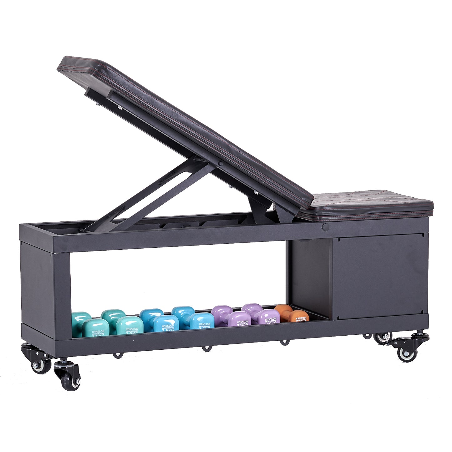 Train Hard® 1F09678 Hantelbank aus Eigenentwicklung offene Seitenaufnahme mit Gewichte Beispielbild