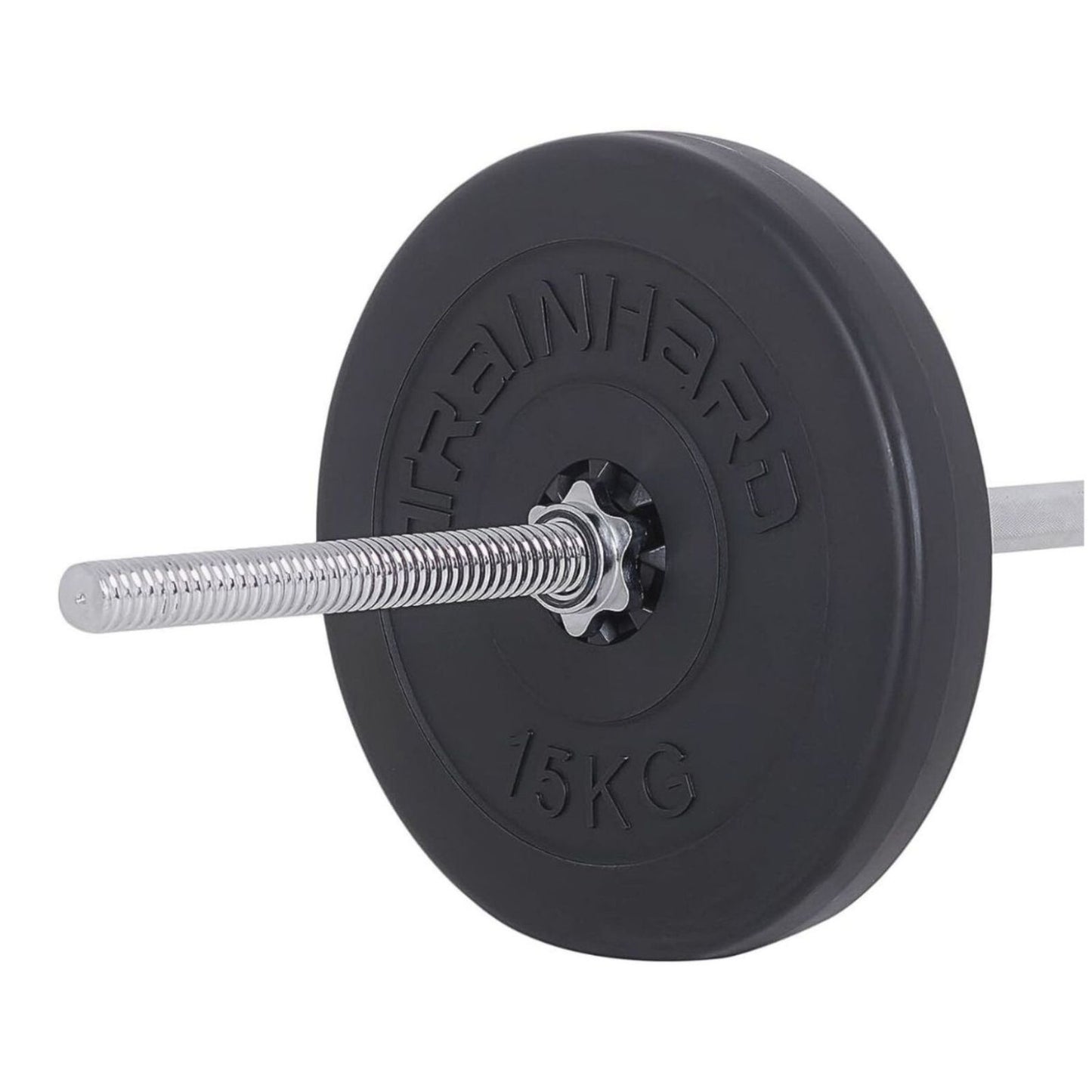 Train Hard® 1F12227 Detailansicht Hantelscheibe auf Hantelstange mit Drehverschluss