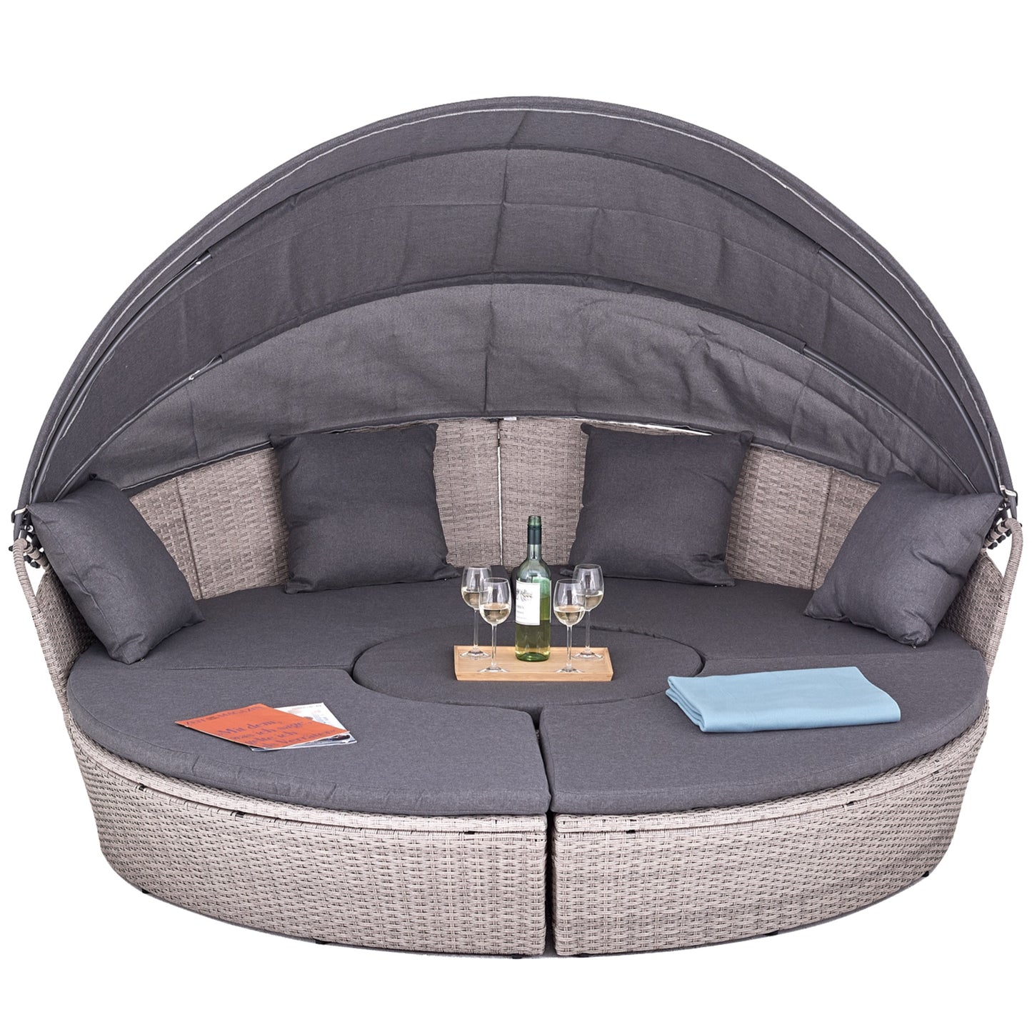Polyrattan XL Ø 210 cm Sonneninsel mit faltbarem Sonnendach