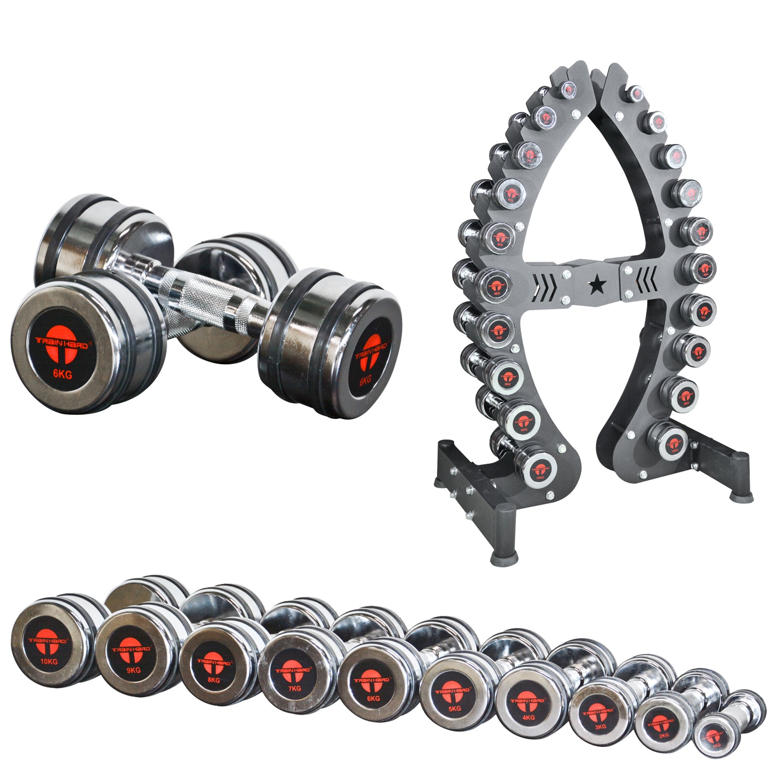 Train Hard® 1F12471P Chromhanteln Beispielbild mit Hantelständer