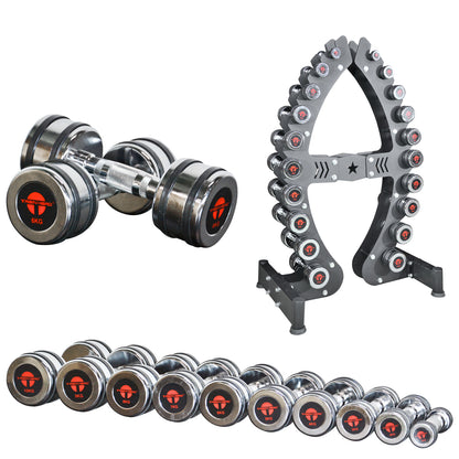 Train Hard® 1F12471P Chromhanteln Beispielbild mit Hantelständer