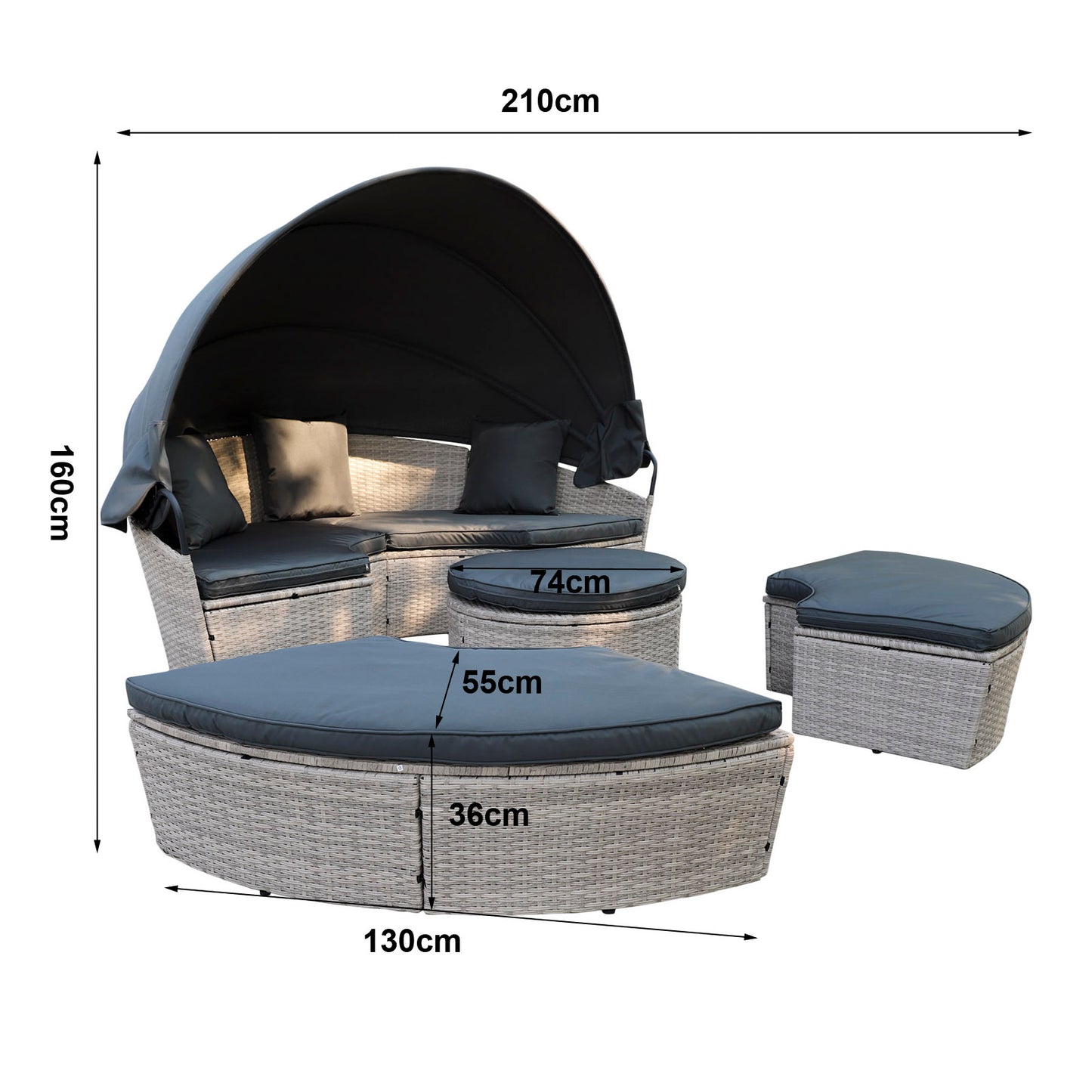 Polyrattan XL Ø 210 cm Sonneninsel mit faltbarem Sonnendach