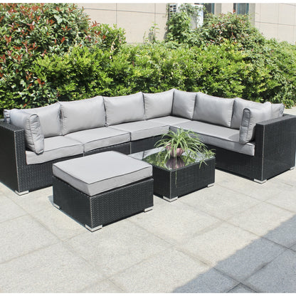 Polyrattan Gartenmöbel, Lounge, 6 Sitzer plus Hocker & Tisch m. Glasplatte