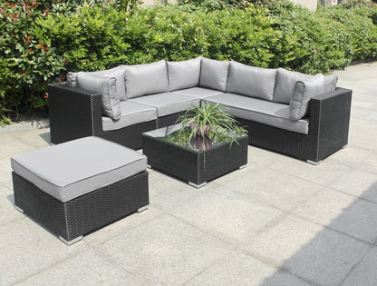 Polyrattan 5 Sitzer Gartensitzmöbel, Lounge plus Hocker, Einzelsitz und Tisch m. Glasplatte