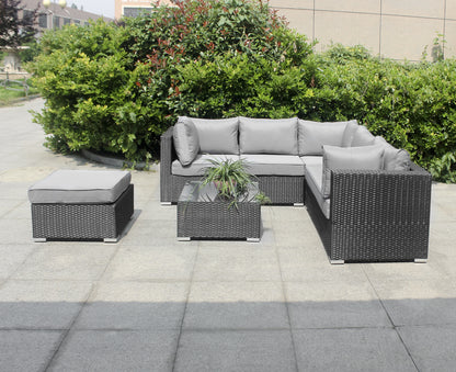 Polyrattan 5 Sitzer Gartensitzmöbel, Lounge plus Hocker, Einzelsitz und Tisch m. Glasplatte