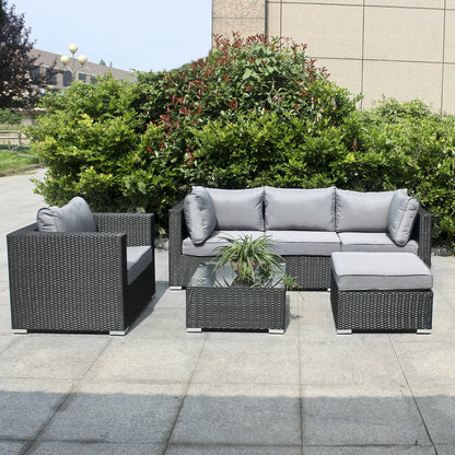 Polyrattan Gartenmöbelset mit 4 Sitzen mit Einzelsitz, Hocker, Tisch mit Glasplatte