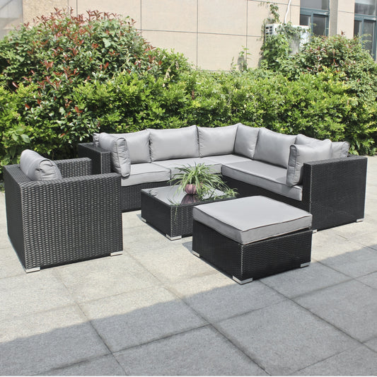 Polyrattan Gartenmöbel, 6 Sitzer plus Hocker & Tisch mit Glasplatte