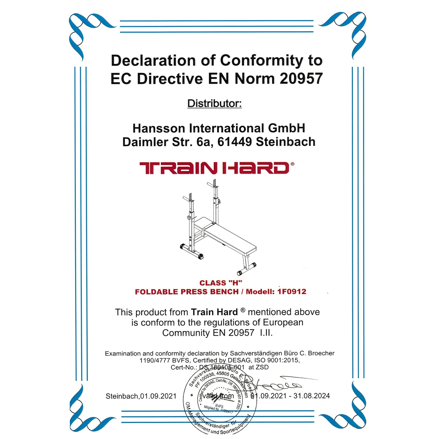 Train Hard® 1F09122 klappbare Hantelbank Zertifikat