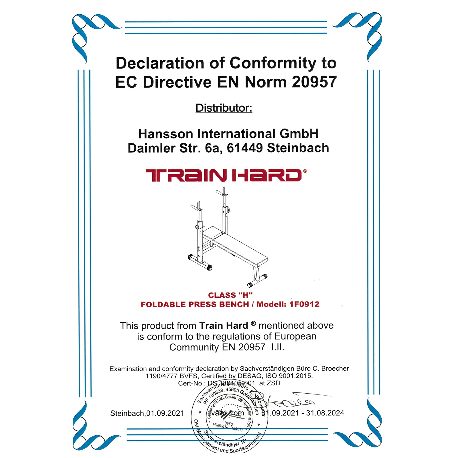 Train Hard® 1F09122 klappbare Hantelbank Zertifikat