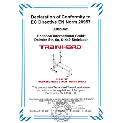 Train Hard® 1F09122 klappbare Hantelbank Zertifikat