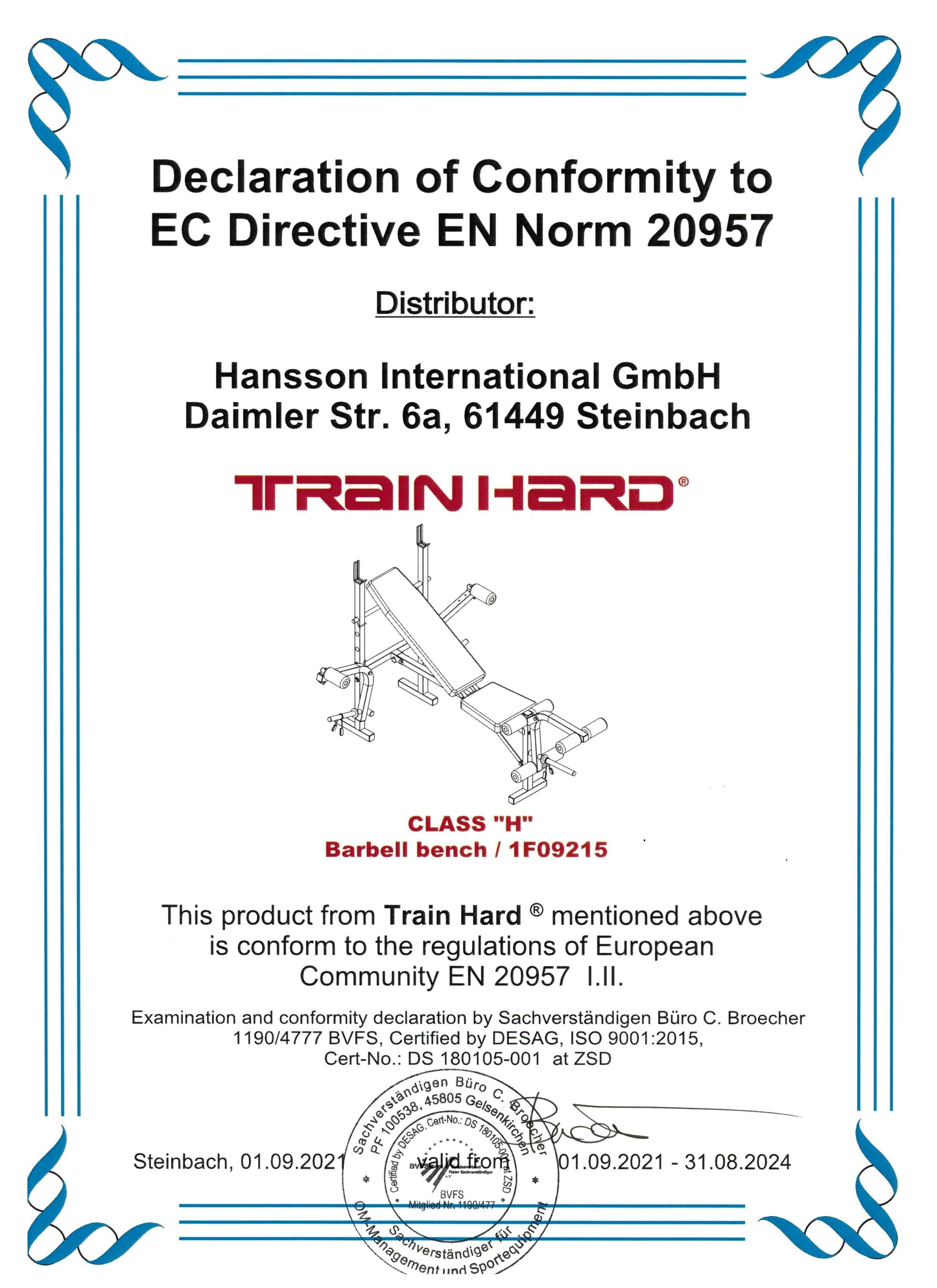 Train Hard® 1F09215 Multifunktionelle Hantelbank Zertifikat