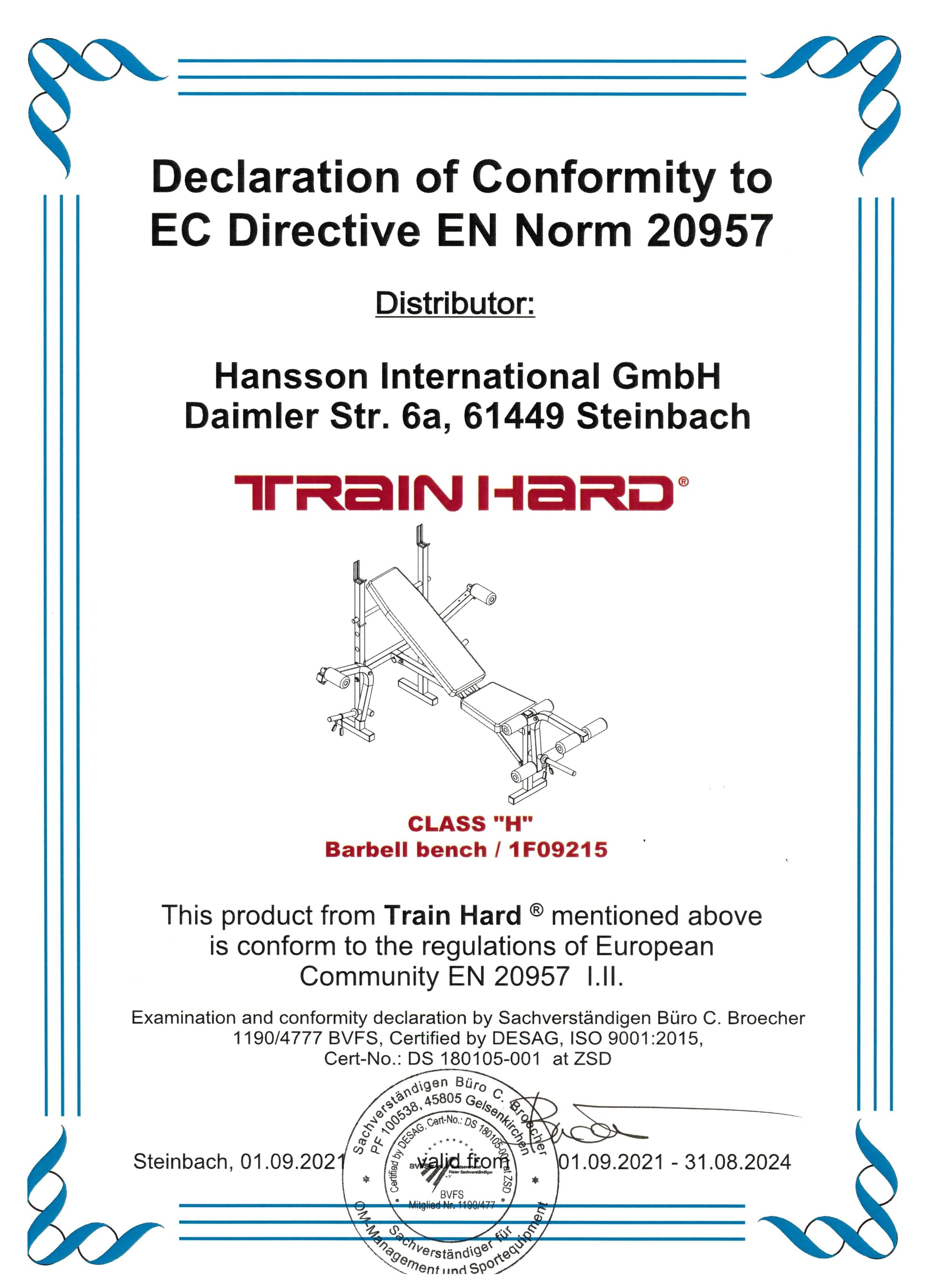 Train Hard® 1F09215 Multifunktionelle Hantelbank Zertifikat