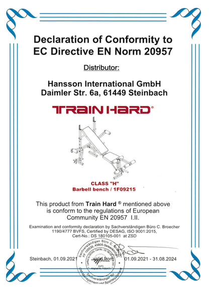Train Hard® 1F09215 Multifunktionelle Hantelbank Zertifikat