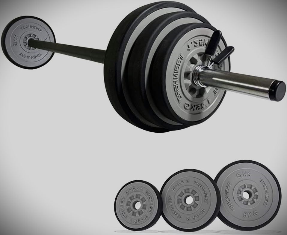 TrainHard Hantelset mit federgeschlossenen Langhantelstange von 140 cm, inklusive 6 Hantelscheiben