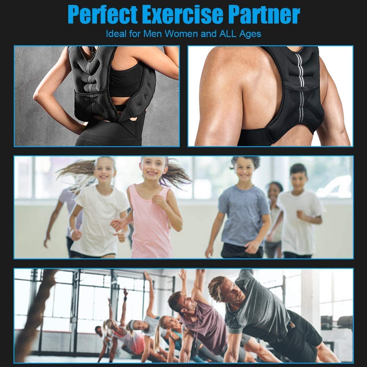 Train Hard® Gewichtsweste mit mehreren Darstellungen der Weste auf Personen