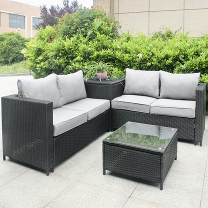 Vormontierte Polyrattan Lounge Sitzgruppen-Garnitur, 4 Sitze, inkl. Kissenbox und Kaffeetisch