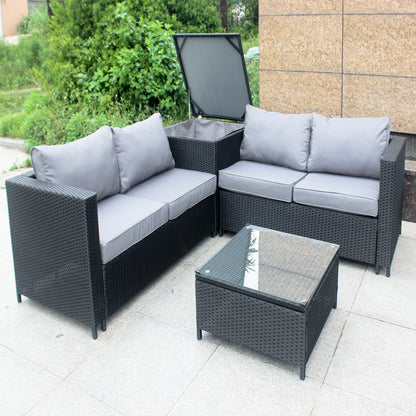 Vormontierte Polyrattan Lounge Sitzgruppen-Garnitur, 4 Sitze, inkl. Kissenbox und Kaffeetisch