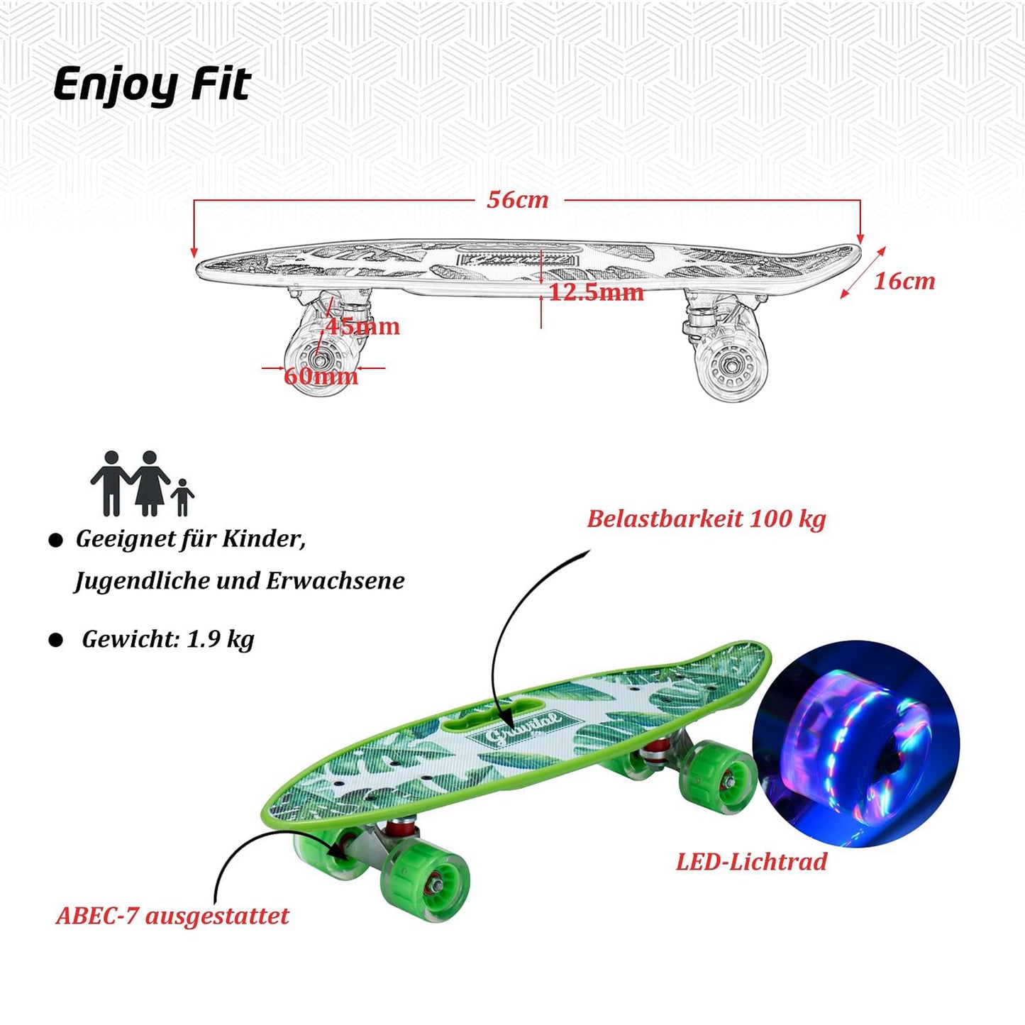 Retro Skateboard mit LED Leuchtrollen