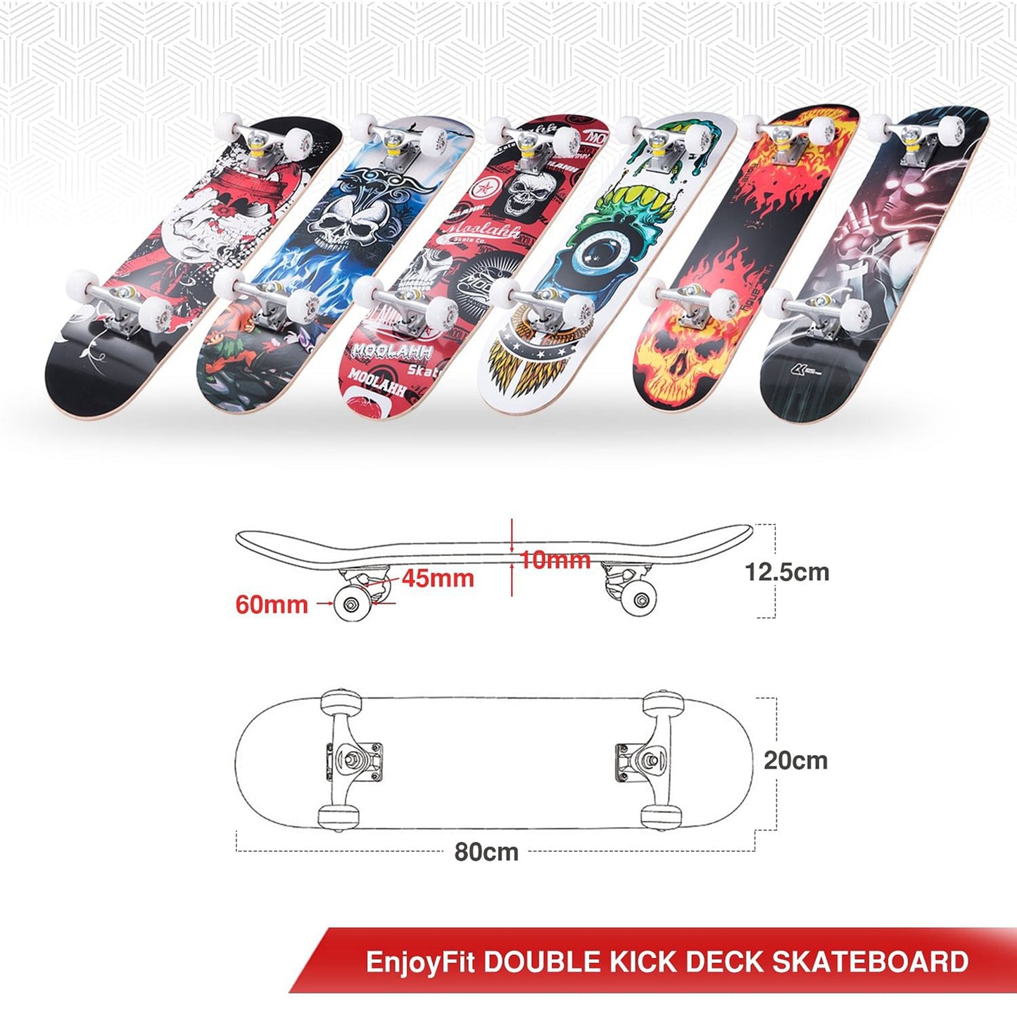 Skateboard 80 x 20 cm, ABEC-7 Kugellager, 9-lagigem Ahornholz