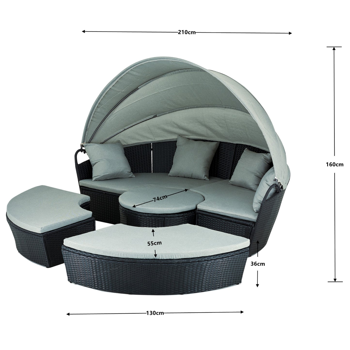 Polyrattan XL Ø 210 cm Sonneninsel mit faltbarem Sonnendach